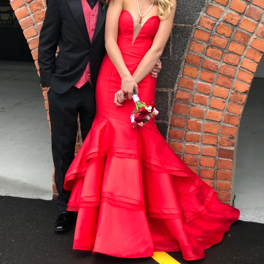 Red Jovani strapless mermaid prom dress